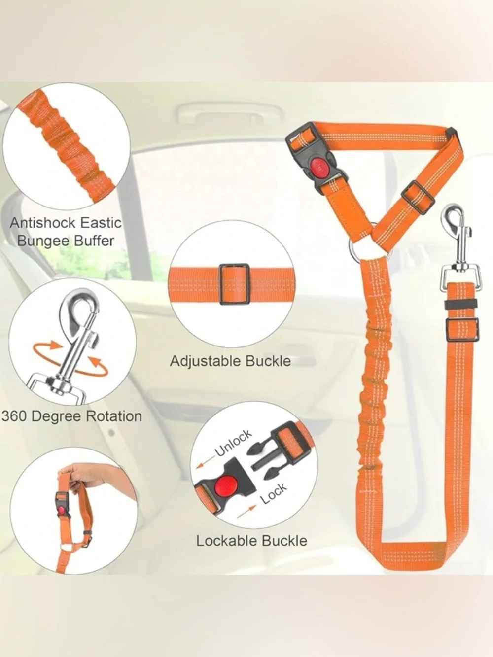 💞 New Reflective Orange Stretchable & Adjustable Puppy Dog Car Seat Belt Leash